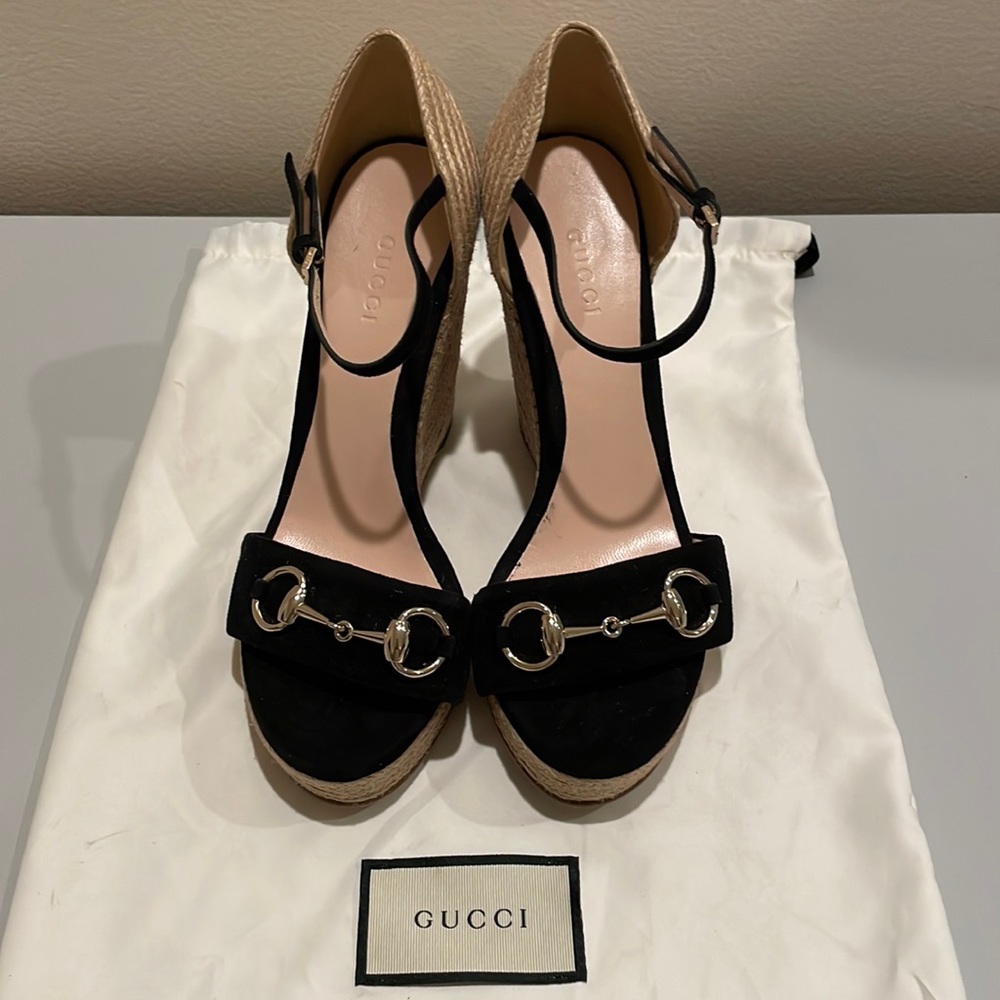Gucci Horsebit suede espadrilles wedge size 37.5, 4.75in height, 1.25in platform
